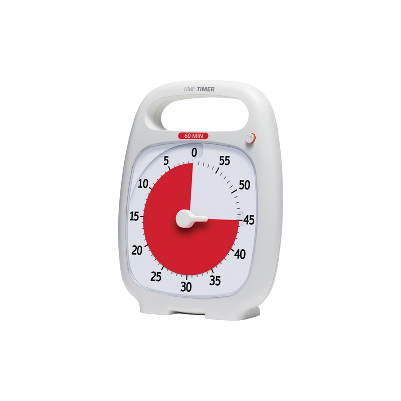 The Time Timer Plus (60 Min) by Time Timer is a white visual timer with a handle. It displays 25 minutes left, features numbers 0–60 on its face, and uses a red disk to show elapsed time for easy time management.