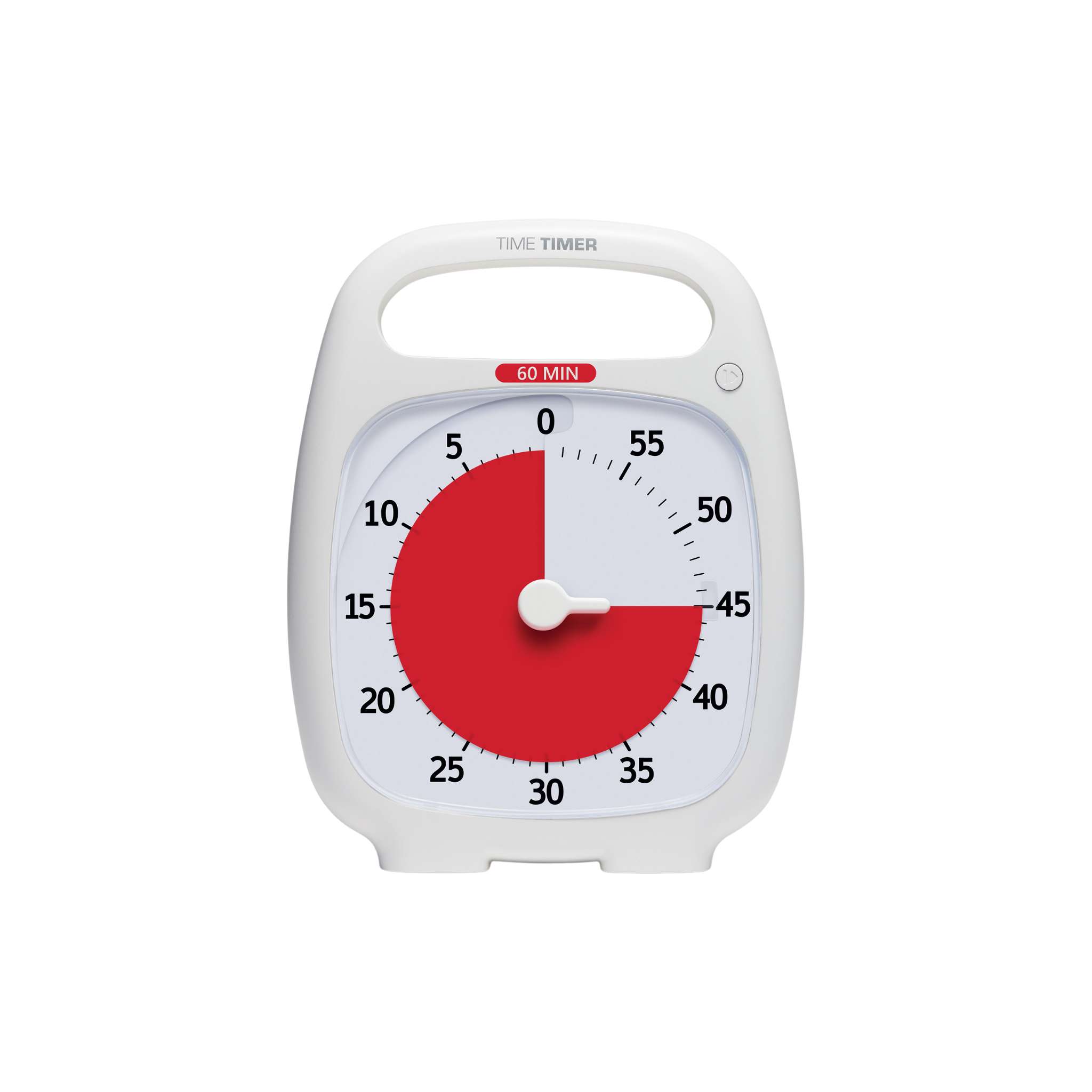 The Time Timer Plus (60 min) by Time Timer is a white visual timer with a red disk showing 25 minutes left, black numbers, and a top handle—ideal as a focus tool for effective time management.
