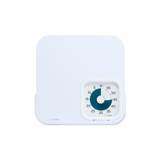 The Time Timer PRO by Time Timer is a white, square, magnetic visual timer for dry erase boards. Its central dial and black numbers show about 35 minutes left with a dark blue segment, ideal for memory care or classroom use. Plain background.