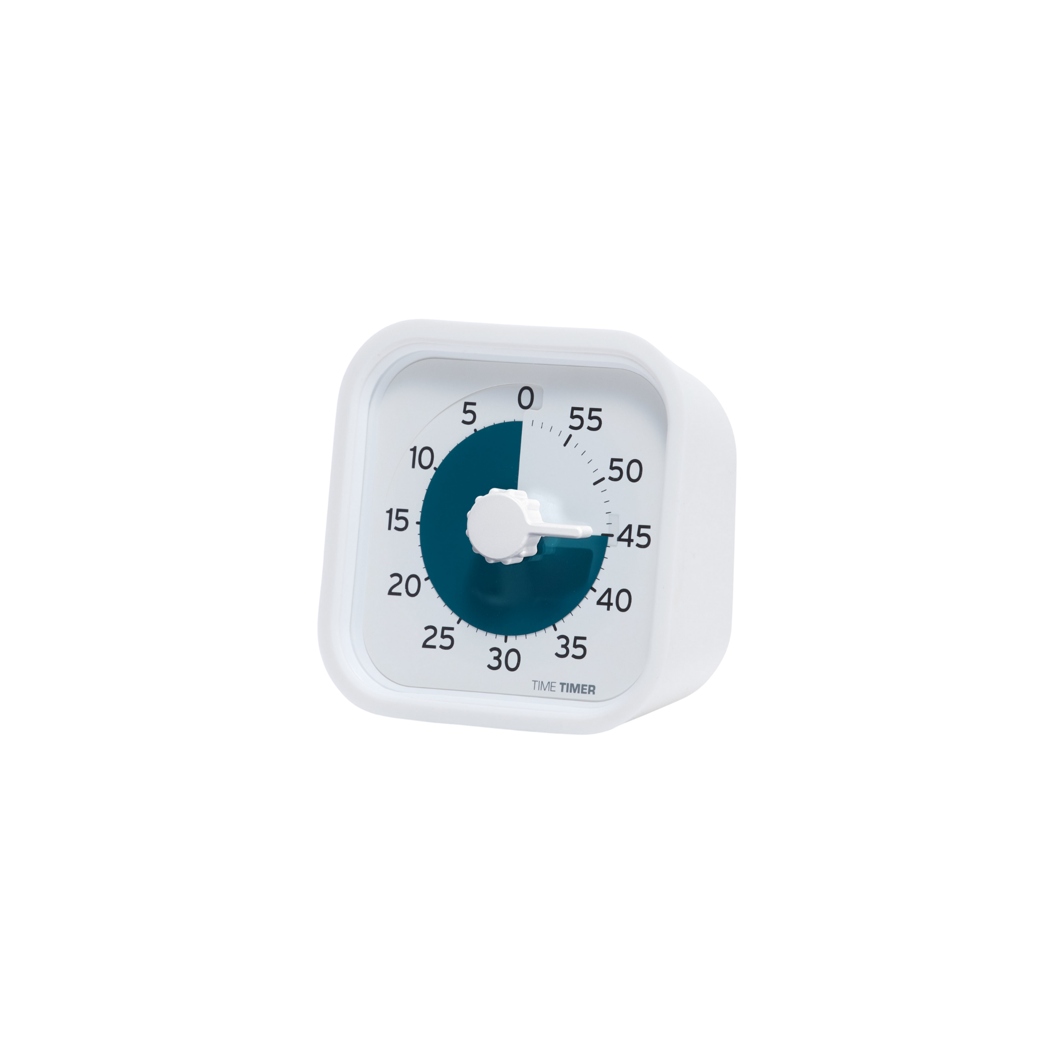 The Time Timer PRO Applied Visual Timer (60 min) by Time Timer features a white, square, rounded design with a blue countdown and black numbers, displaying about 38 minutes left. It’s ideal for memory care and supports senior autonomy.