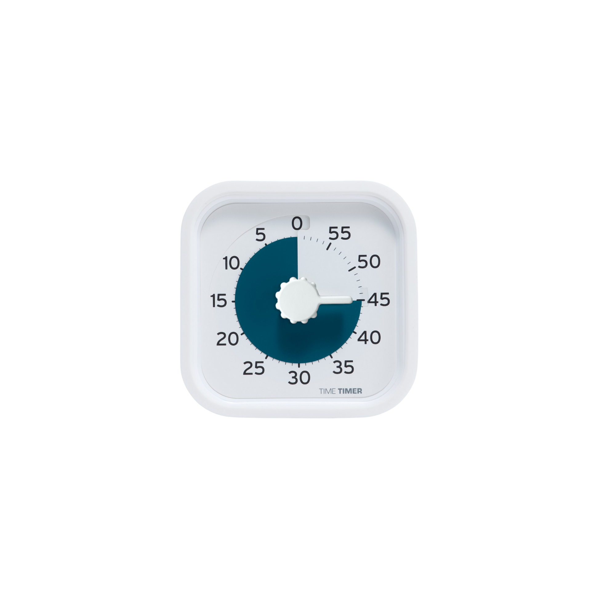 The Time Timer PRO Applied Visual Timer by Time Timer features a white square design, a central adjustment knob, and a dark blue segment marking elapsed time. It displays 40 minutes left with numbers 0–60 around the edge—ideal for supporting senior autonomy.