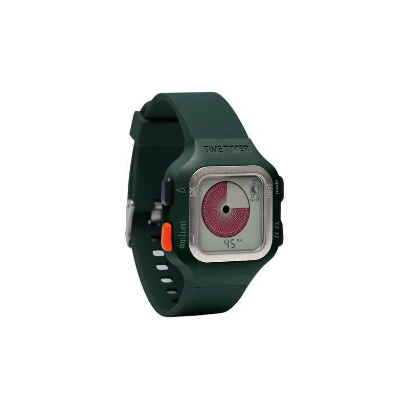 The Time Timer Watch (Large/Adult) by Time Timer features a dark green strap, square face, and distinctive circular red-white display showing 45 minutes, great for productivity or as an ADHD timer. Includes side buttons with a standout orange one.