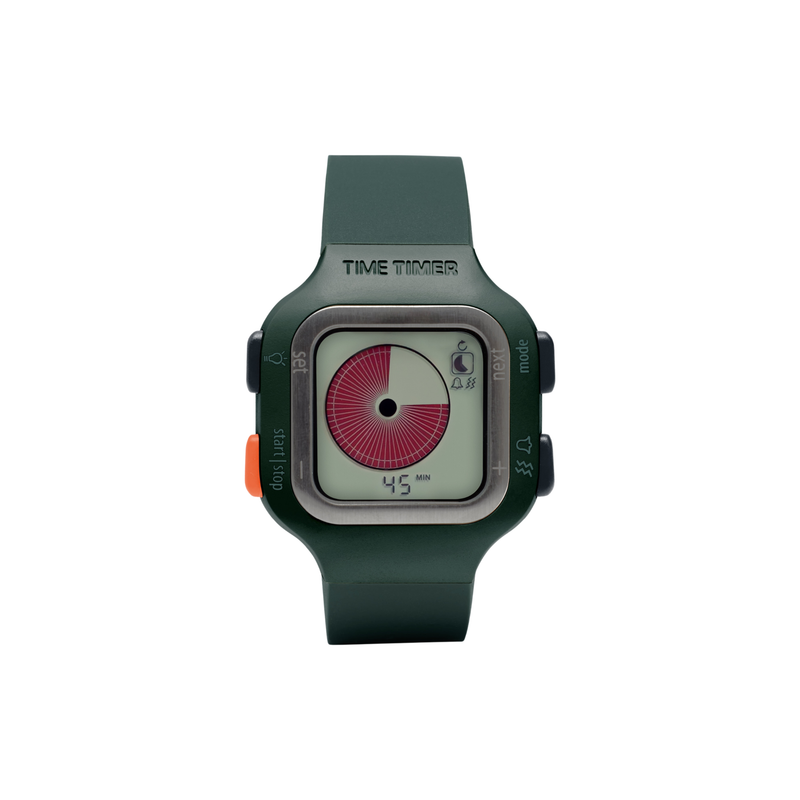 The Time Timer Watch (Large/Adult) by Time Timer is a green watch with a red circle, designed to boost productivity and function as an effective ADHD timer.