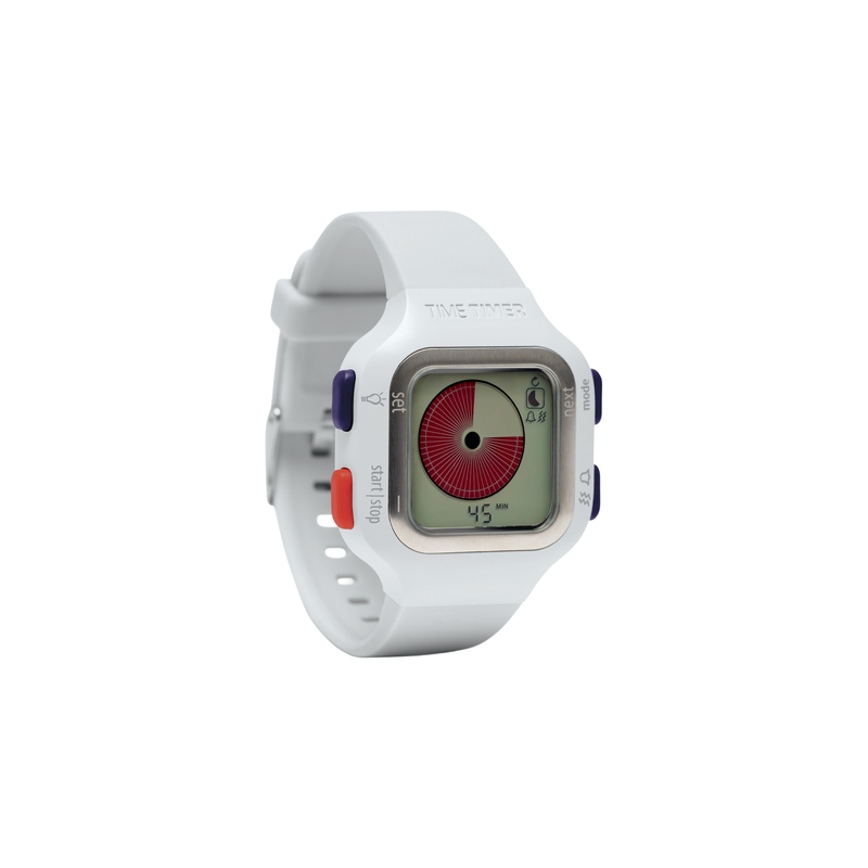 The Time Timer Watch (Small/Youth) by Time Timer is a white watch with a square digital face, red 45-minute timer, purple and orange side buttons, “TIME TIMER” on the band—perfect as an ADHD visual timer watch.