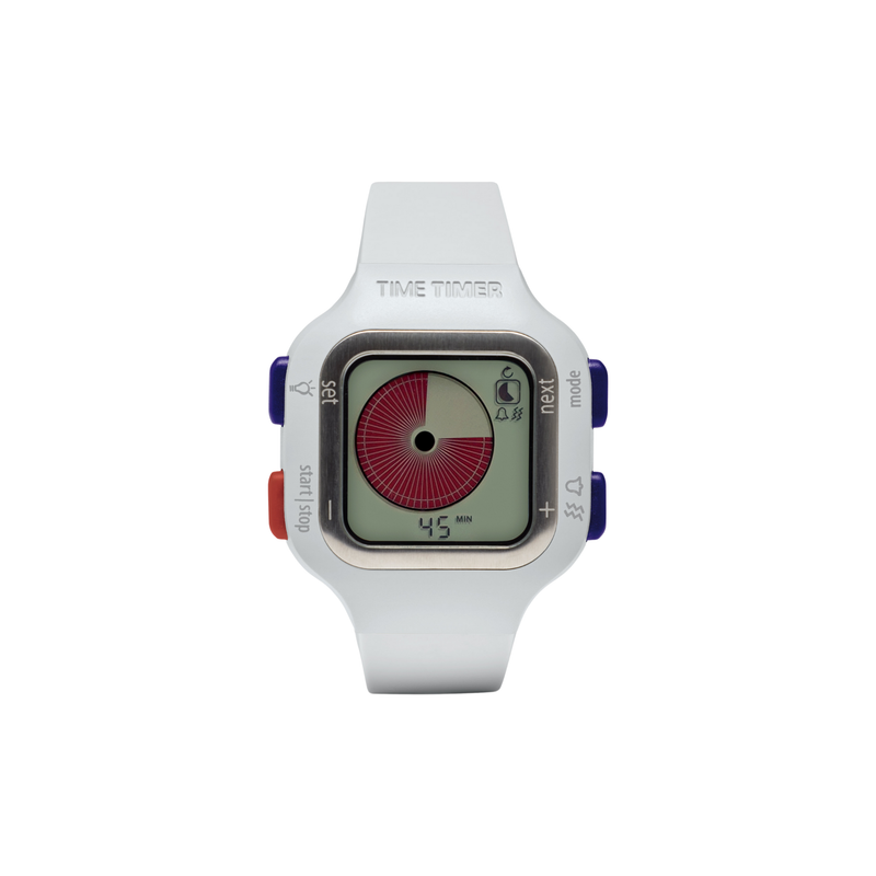 The Time Timer Watch (Small/Youth) by Time Timer is a white digital ADHD timer watch with a square face, silver bezel, red countdown set to 45 minutes, and blue and red side buttons. It’s portable and designed for youth.