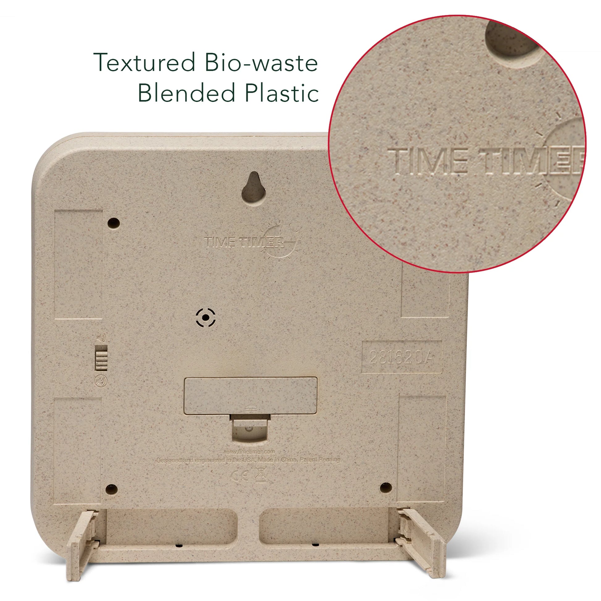 The back of the Time Timer Retro Eco (8 Inch) [Water/Blue] by Time Timer features textured bio-waste plastic, an engraved TIME TIMER logo, a battery compartment, foldable stands, and a close-up inset showing its eco-friendly finish.