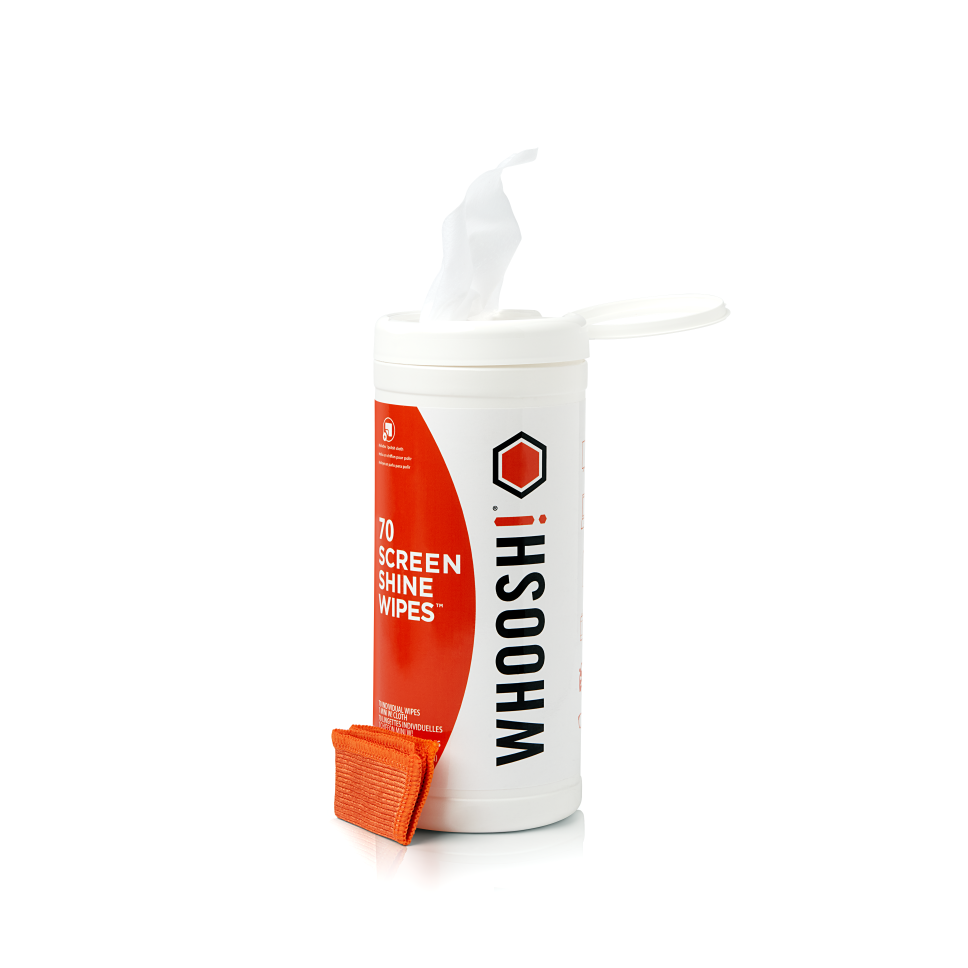 An open container of WHOOSH! Screen Shine Wipes 70-Pack, with a wipe sticking out and an orange cleaning cloth in front, is shown against a white background.