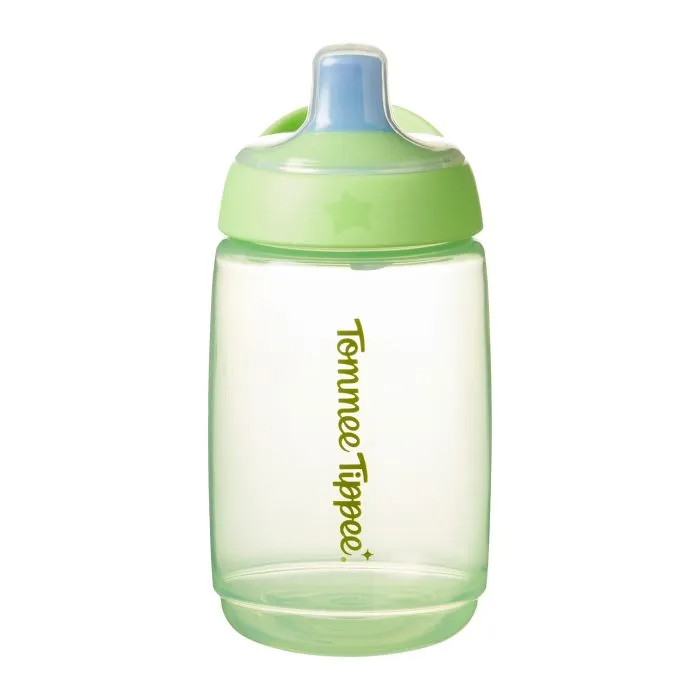 The Tommee Tippee Active Spout Cup 390mL is a translucent green toddler cup with a blue bite-proof spout, green lid, and vertical brand logo. Its leak-proof design helps prevent spills, making it ideal for toddlers.
