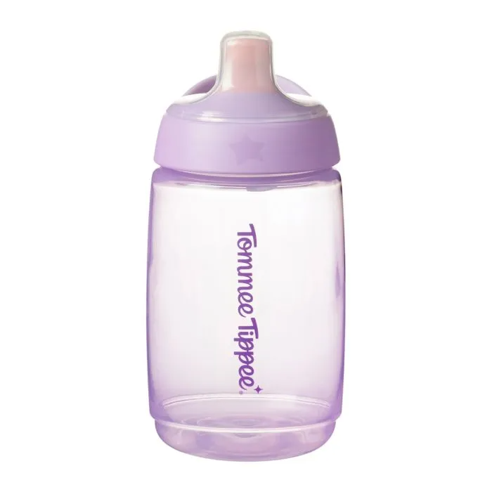 The Tommee Tippee Active Spout Cup 390mL is a translucent purple, leak-proof toddler cup (12m+) with a bite-proof spout and screw-on lid. The Tommee Tippee logo is printed vertically on the side.
