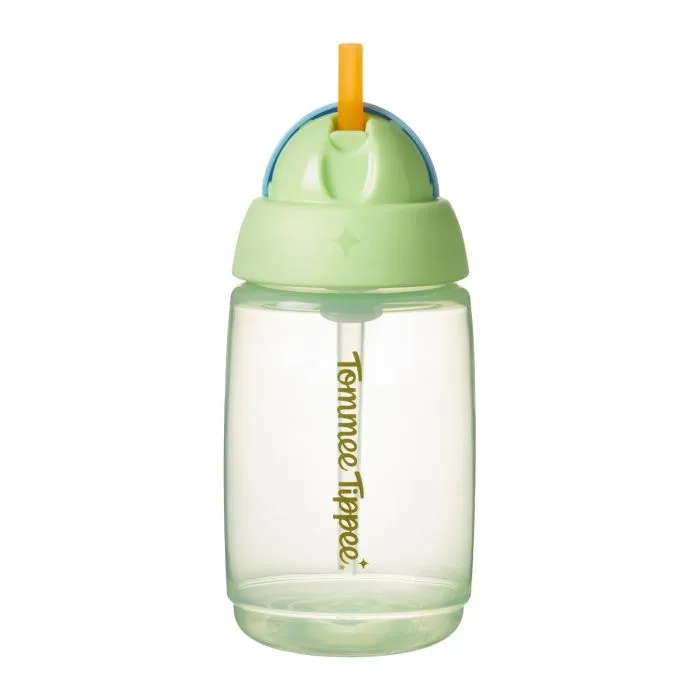The Tommee Tippee Active Straw Cup 390mL is a clear plastic cup with a light green lid and orange straw. BPA-free and branded vertically on the side, it’s a safe and stylish choice for your little one.