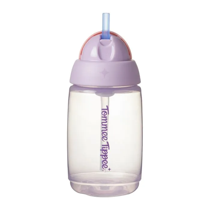 The Tommee Tippee Active Straw Cup 390mL is a BPA-free, translucent purple cup with a blue straw and purple flip-top lid, shown against a white background.