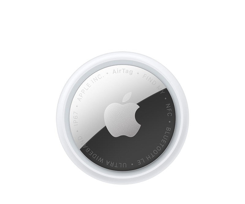 The Apple AirTag (1 Pack) (2nd Gen) by Apple is a small, silver and white circular tracker with the Apple logo at its center, featuring Bluetooth LE, NFC, and Ultra Wideband, shown on a white background.