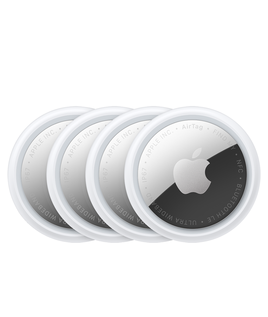 Four Assistive Tech Apple AirTag (2nd Gen) devices from the 4 Pack with Secure Holder Bundle feature a circular white and silver design, Apple logo, edge text, and seamless Find My network compatibility for accurate tracking.