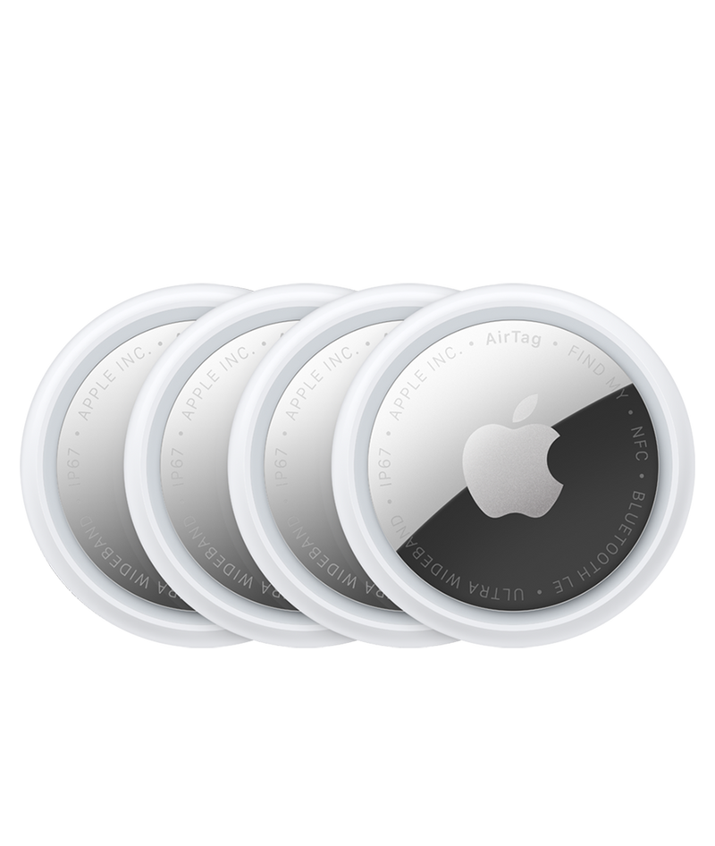 The Apple AirTag (4 Pack) (2nd Gen) features four trackers with a white ring, metallic center, and reflective Apple logo. Easily track items with the Find My app or enjoy Precision Finding for added peace of mind.