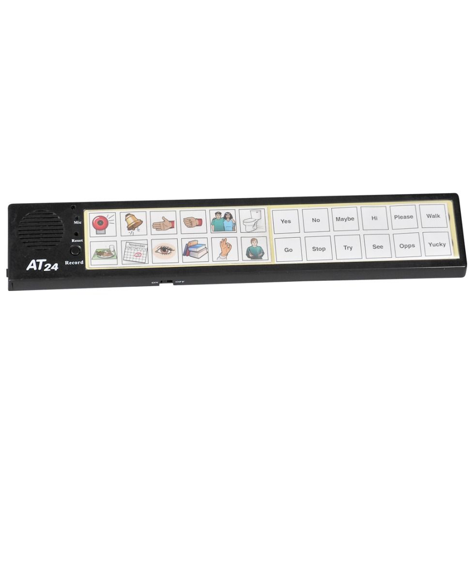 The Attainment 24 Talker with Glove by Attainment is a rectangular AAC device with 24 square buttons for symbols or words (Yes, No, Please, etc.), a speaker for clear output, and a record button on the left for easy communication.