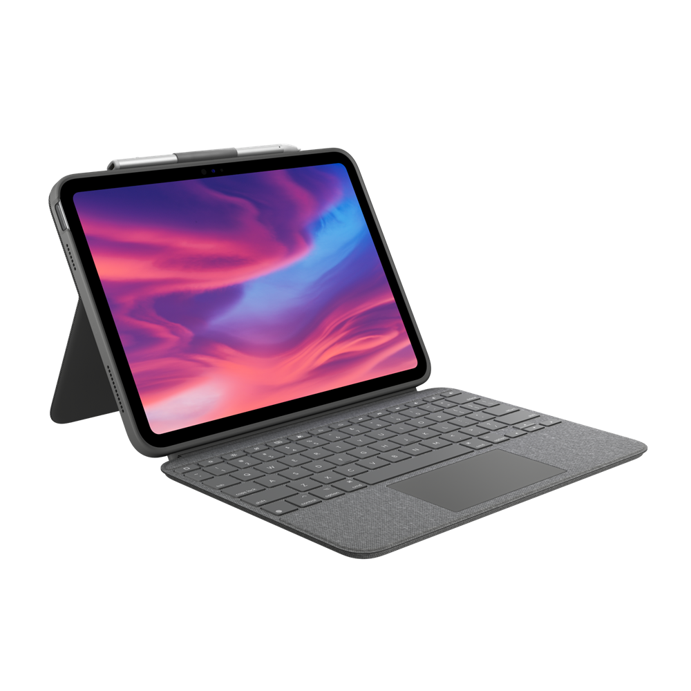 A Logitech Combo Touch (for iPad A16/10th/11th Gen) is shown attached to a sleek gray keyboard case with a built-in kickstand, standing upright against a plain white background.