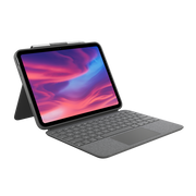 A Logitech Combo Touch (for iPad A16/10th/11th Gen) is shown attached to a sleek gray keyboard case with a built-in kickstand, standing upright against a plain white background.