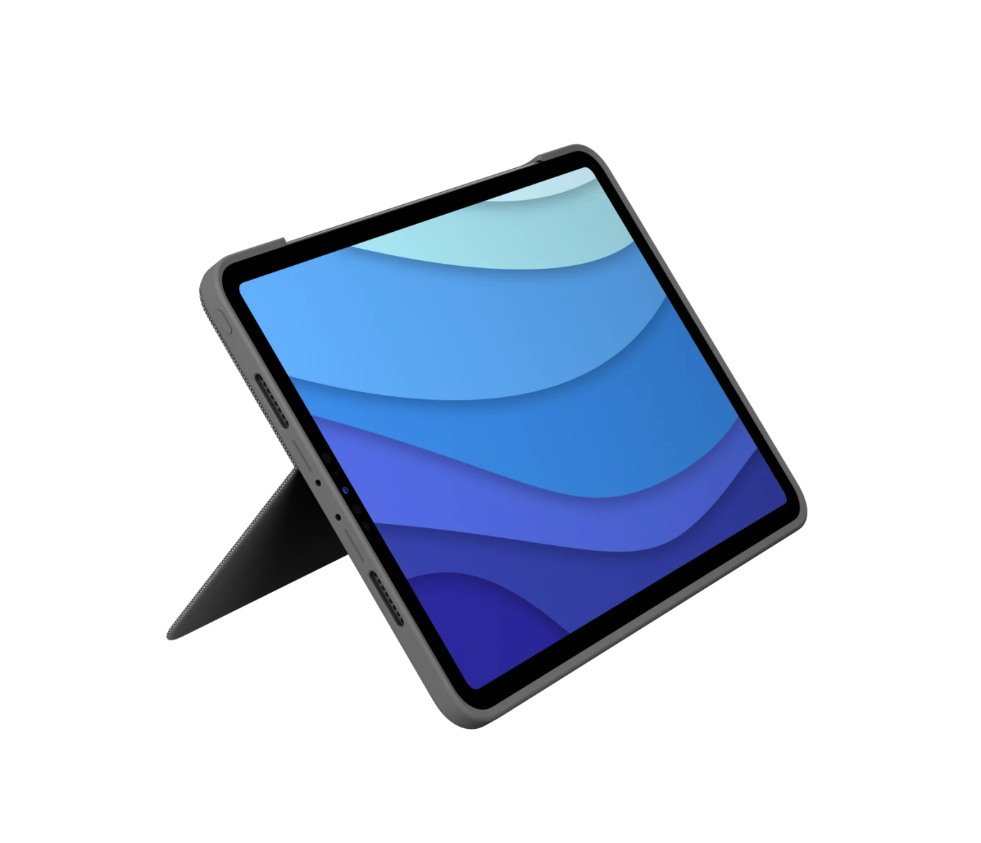 A Logitech Combo Touch Keyboard Case (for iPad 12.9 5th/6th Gen) props up an iPad with blue wavy wallpaper at an angle, screen facing forward, against a plain white background.