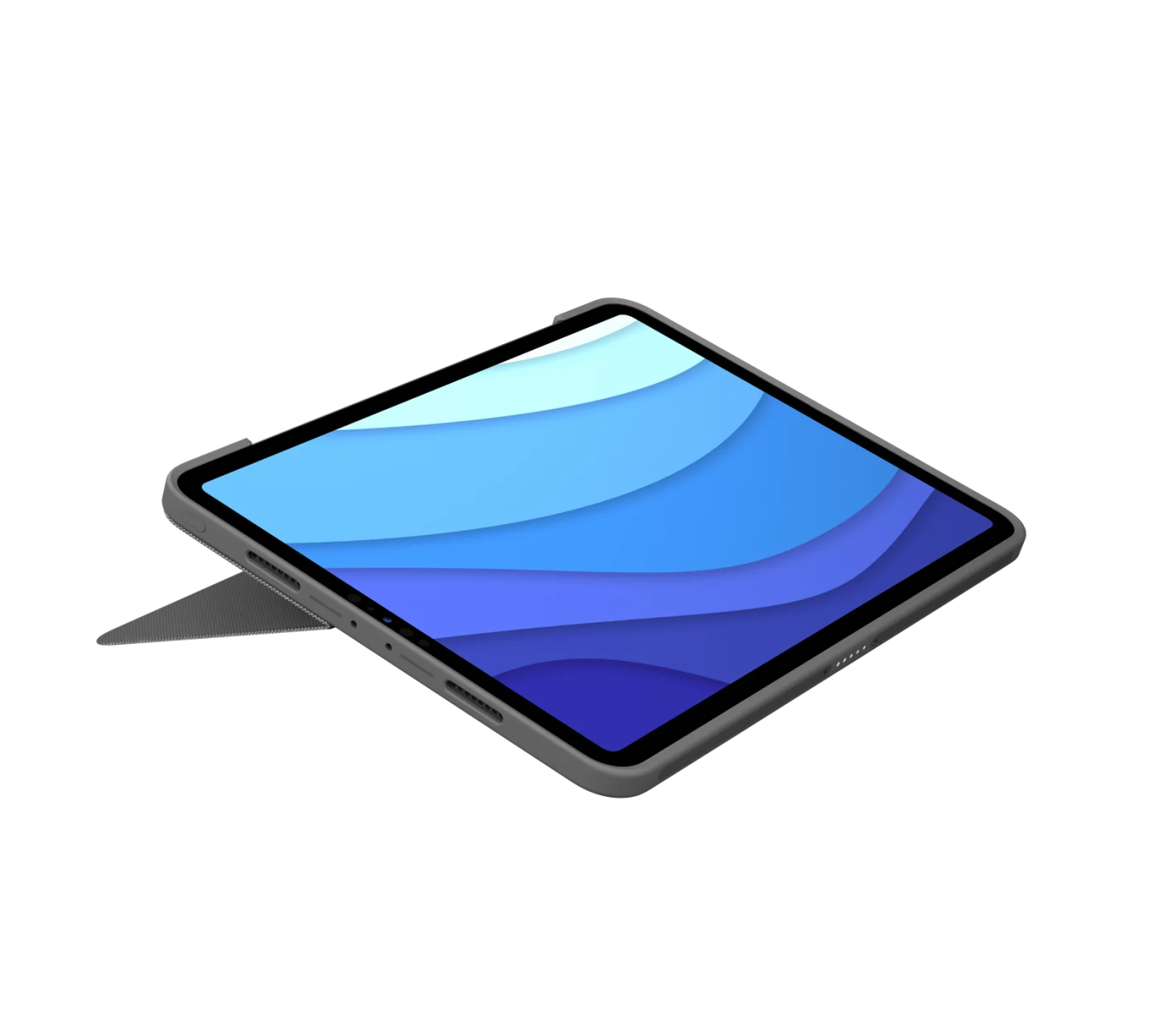 A tablet with a blue abstract wallpaper rests flat, propped up by the Logitech Combo Touch Keyboard Case (for iPad 12.9 5th/6th Gen). Its sleek, dark frame is visible from the side, emphasizing its modern design and versatility.