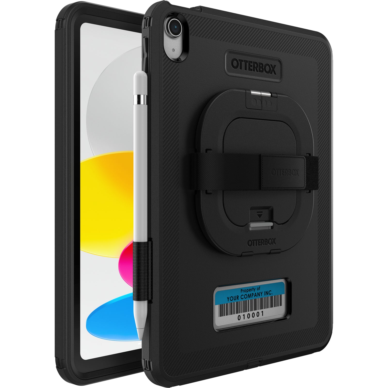 An Otterbox OtterBox Defender Case (for iPad A16/10th/11th Gen) with Handstrap v2, black and rugged, features a hand strap, built-in stand, stylus holder, and a barcode label reading “Property of Your Company Inc.”.