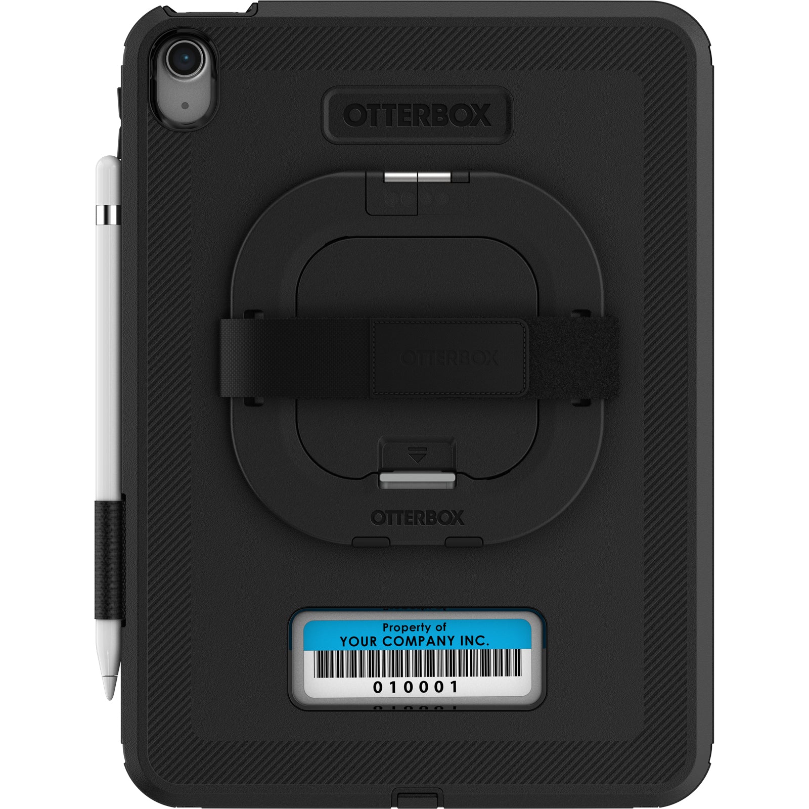 Back view of the Otterbox Defender Case (for iPad A16/10th/11th Gen) with Handstrap v2, featuring a stylus holder with stylus and a blue label reading Property of YOUR COMPANY INC. with barcode 010001.