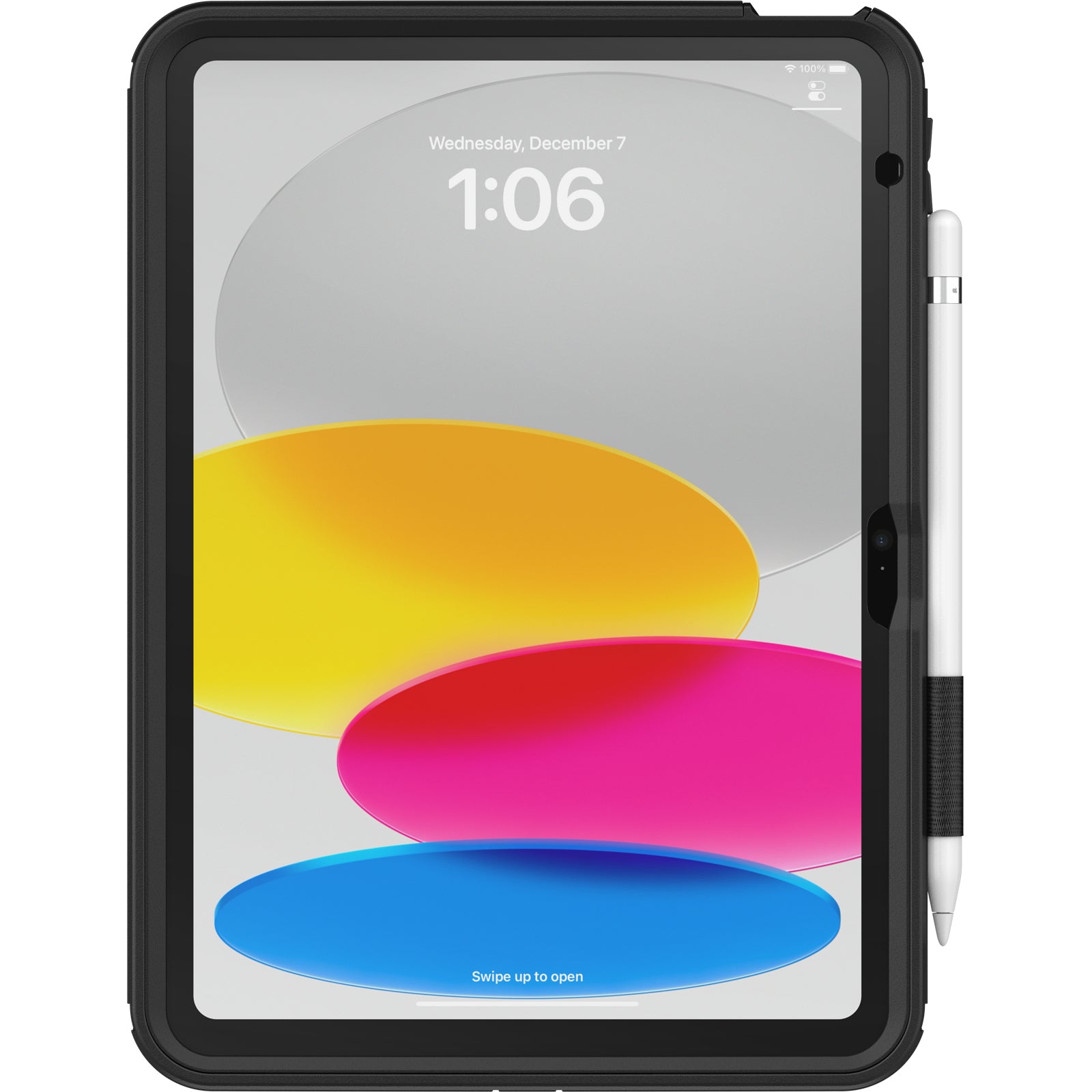 An iPad in an OtterBox Defender Case (for iPad A16/10th/11th Gen) with Handstrap v2 by Otterbox, featuring a white stylus attached to the right. The screen shows 1:06 and a colorful abstract oval background in yellow, gray, blue, and pink.