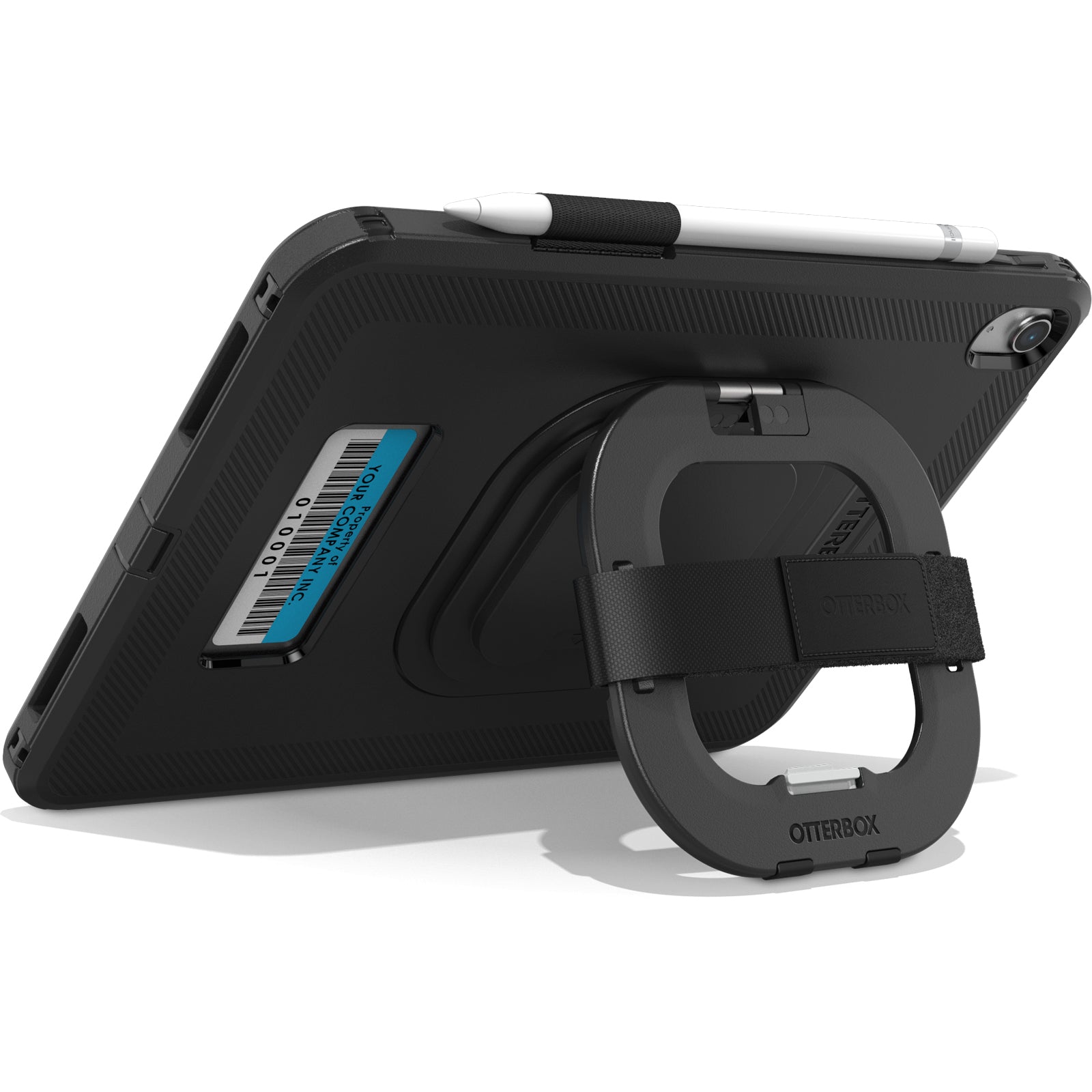 The OtterBox Defender Case (for iPad A16/10th/11th Gen) with Handstrap v2 features a rugged design, hand strap, rotating stand, secure stylus holder, and card slot—offering protection and convenience for your tablet.