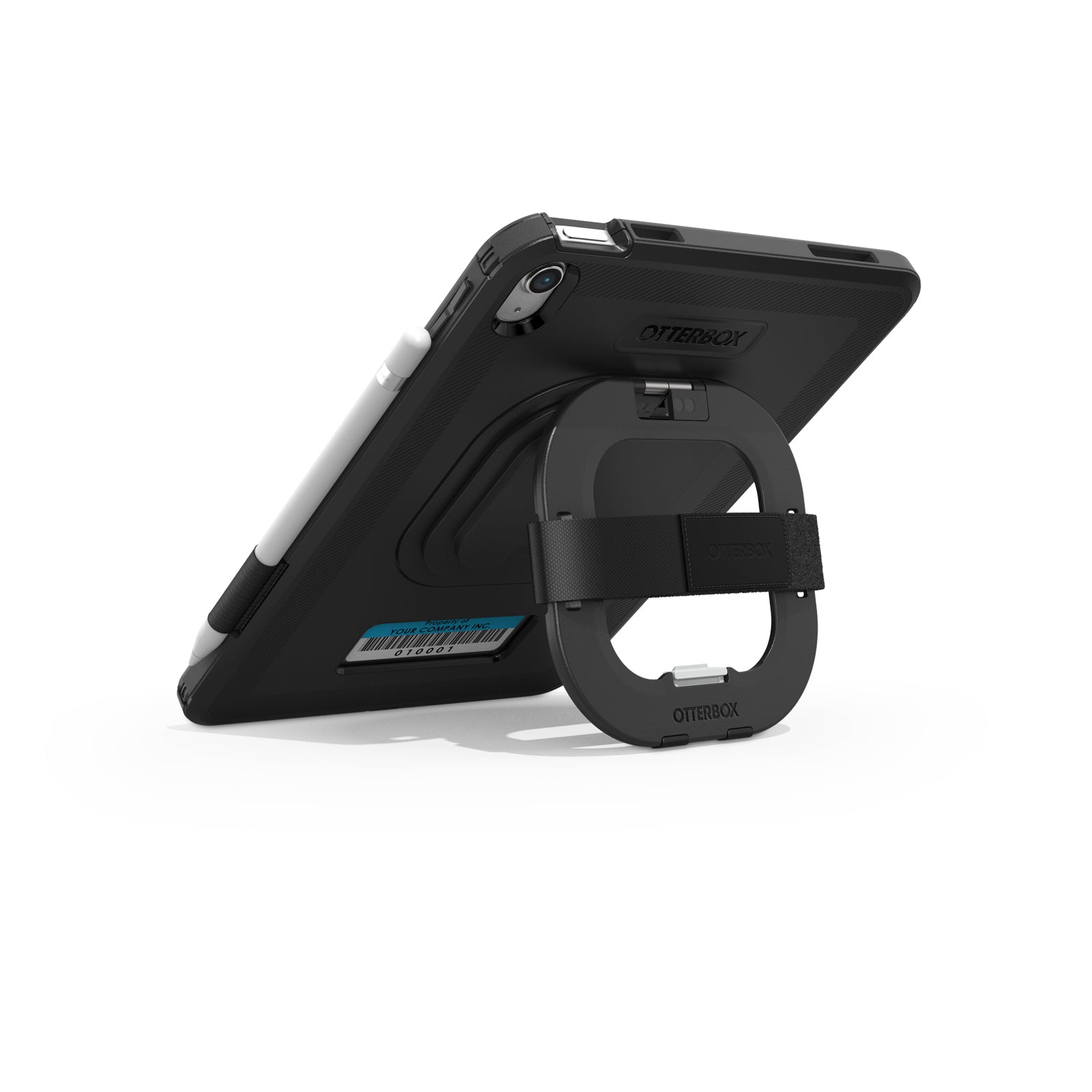 The OtterBox Defender Case (for iPad A16/10th/11th Gen) with Handstrap v2 by Otterbox is shown upright on a white background, featuring a built-in hand strap, kickstand, side stylus holder, and rear card slot in black.