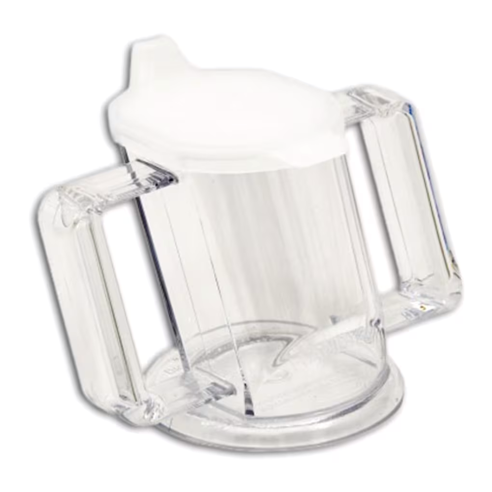 The Henrotek HenroCup is a clear plastic sippy cup with two large handles and a white spill-proof lid, ergonomically designed as an assistive drinking aid for children or individuals with limited mobility.