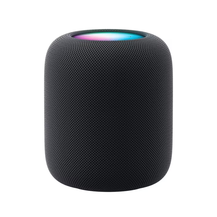 The Apple HomePod (2nd Gen) [Midnight] by Apple is a black cylindrical smart speaker featuring a mesh exterior and a glowing multicolored top, displayed against a white background.
