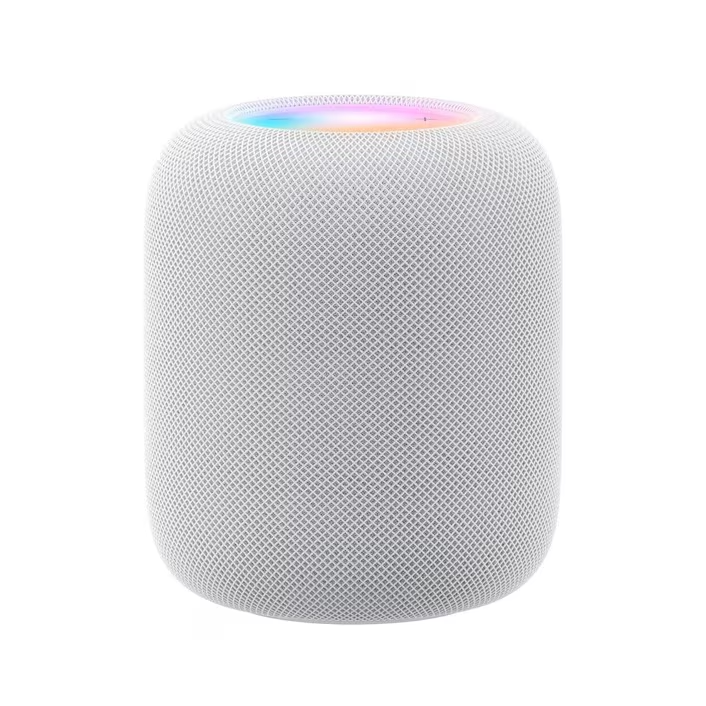 The Apple HomePod (2nd Gen) [White] by Apple is a white cylindrical smart speaker with a mesh exterior and a glowing multicolored top light for Siri voice commands, shown against a plain white background.