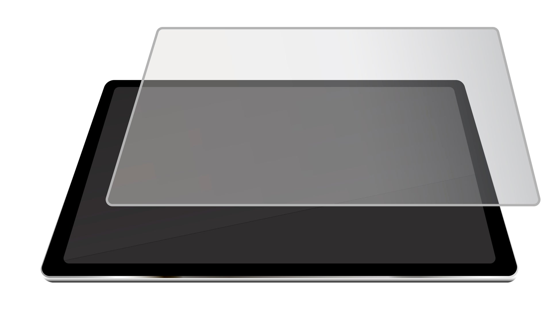 The STM Glass Screen Protector (for iPad Air 11-inch M2/M3/M4, 11-inch iPad Pro M4) [Clear] by STM is shown above a black tablet on a white background, ready to provide superior touchscreen protection.
