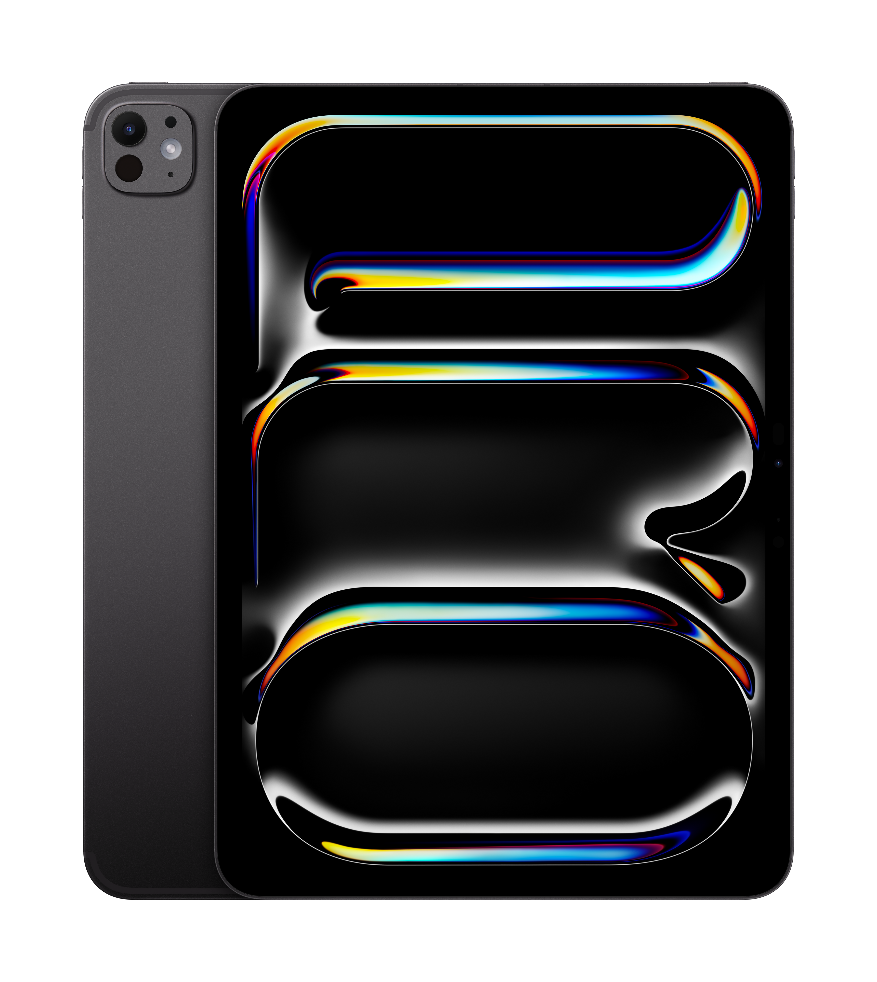 An Apple iPad Pro 11-inch Wi-Fi + Cellular 256GB in Space Grey displays a vibrant, abstract design on its Ultra Retina XDR screen. The partially visible back shows the camera, highlighting the premium Apple build and sleek design.