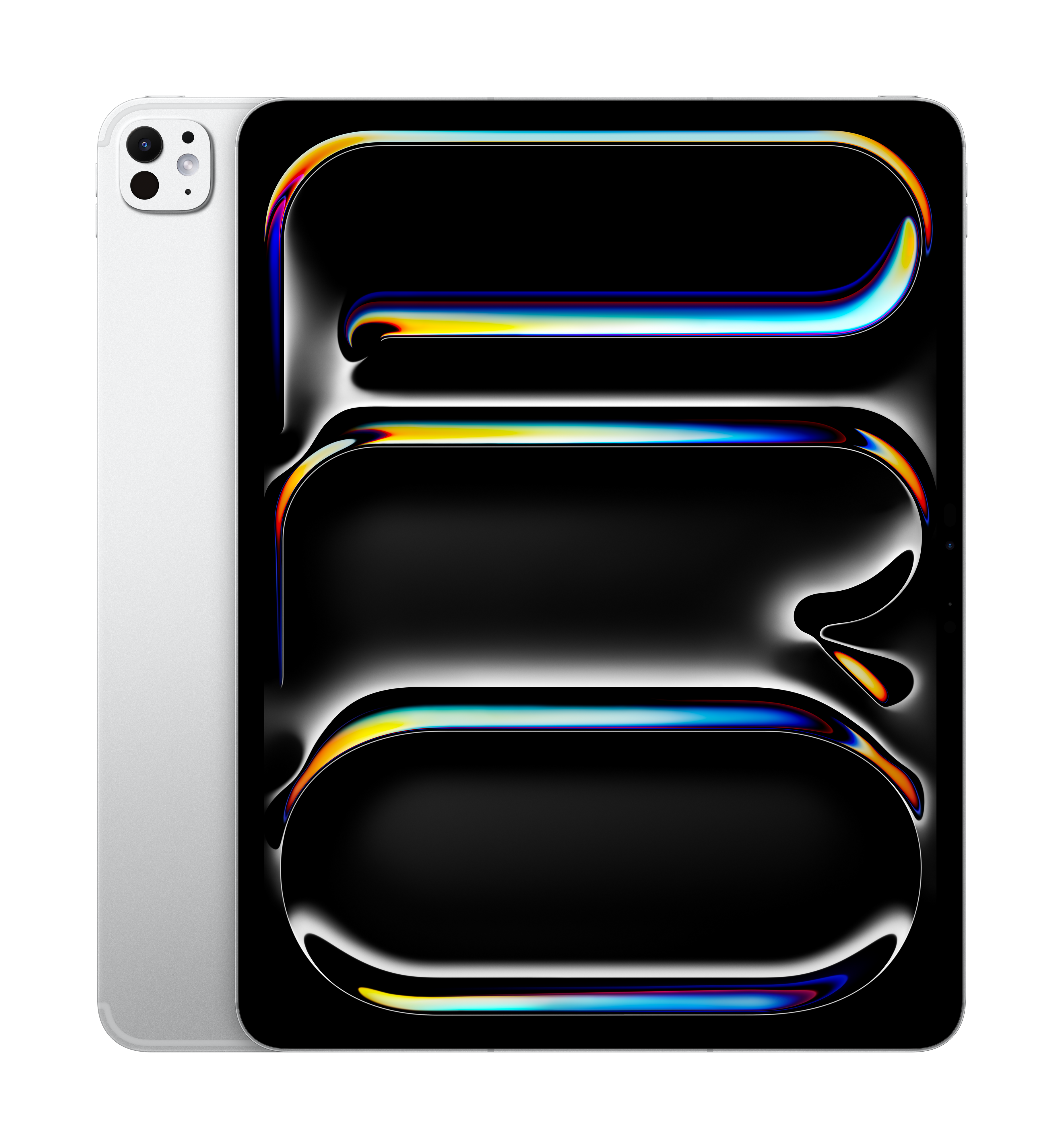An Apple iPad Pro 13-inch WiFi + Cellular 256GB [Silver] displays three shiny, abstract neon-outlined shapes on its Ultra Retina XDR screen, standing out against a white background.