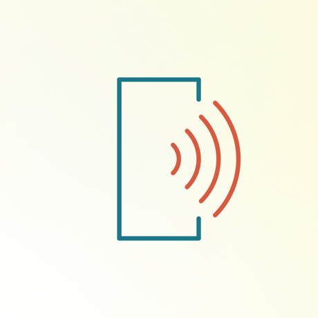 A minimalist blue door icon with orange lines suggests sound or motion detection—perfect for representing Assistive Tech’s Spoken - Tap to Talk AAC App for iPad (Lifetime Subscription). Light gradient background enhances modern, accessible design.