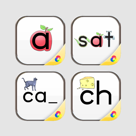 Four icons from the Assistive Tech Reading Doctor Complete Phonics Bundle App for iPad: a red "a" apple, "sat" with tap, "cat" with a cat, and "ch" with cheese—great visuals for early reading or phonics lessons.