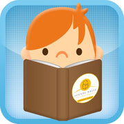 A cartoon child with orange hair reads a brown book labeled SOUNDS-WRITE against a blue grid, reflecting the challenge of learning to read using Assistive Tech’s Initial Code Full Version App for iPad.