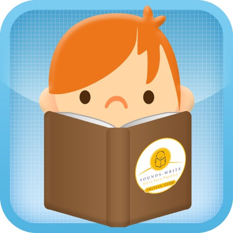 A cartoon child with orange hair reads a brown book labeled SOUNDS-WRITE against a blue grid, reflecting the challenge of learning to read using Assistive Tech’s Initial Code Full Version App for iPad.