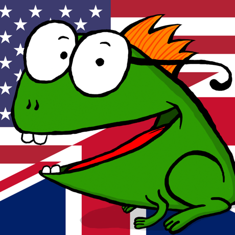 A cartoon green lizard with big eyes and orange spiky hair sits before US/UK flags—ideal for Boo Articulation Helper by Assistive Tech, a speech practice app for kids focused on articulation.
