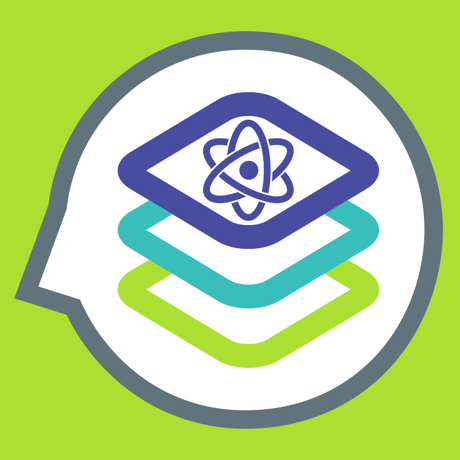 The Tactus Aphasia Elements App Bundle for iPad by Assistive Tech features a bright green speech bubble logo with three overlapping colored rectangles and an atom symbol, representing therapy for stroke survivors.