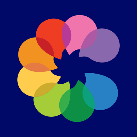 The Circletalk App for iPhone by Assistive Tech features a circular flower pattern of seven colorful overlapping teardrop shapes on dark blue, symbolizing neurodiverse empowerment and unity through vibrant diversity. Unlimited Access included.