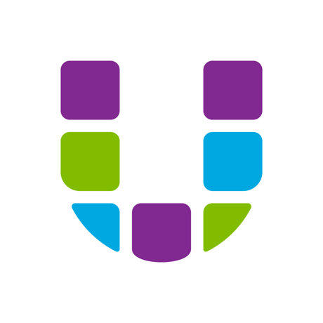 A geometric logo for Assistive Tech’s Unity AAC App for iPad: three purple squares on top, two green left, two blue right, and a U shape below—symbolizing augmentative communication and Minspeak—set on white.