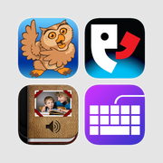 Four app icons—a cartoon owl, stylized talking face, adult and child reading a book, and a purple keyboard—feature the Assistive Tech AAC Essentials App Bundle for iPad, ideal for exploring AAC and iPad communication apps on a light gray background.