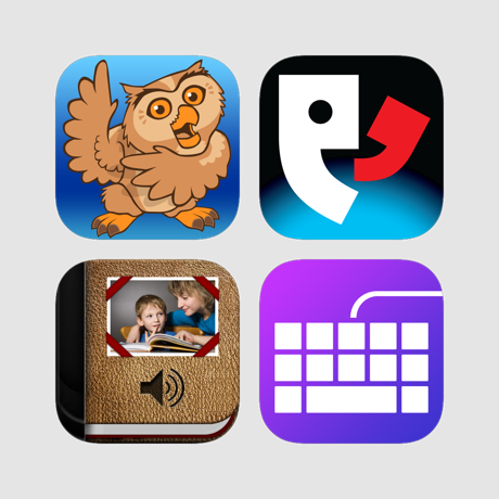 Four app icons—a cartoon owl, stylized talking face, adult and child reading a book, and a purple keyboard—feature the Assistive Tech AAC Essentials App Bundle for iPad, ideal for exploring AAC and iPad communication apps on a light gray background.
