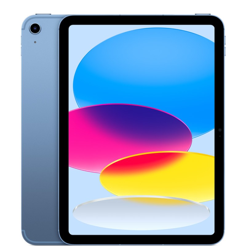 The Apple 11-inch iPad Wi‑Fi + Cellular 256GB A16 (11th Gen) [Blue] is shown with both front and back views, displaying a modern design and an 11-inch Liquid Retina display featuring four colorful overlapping ovals.