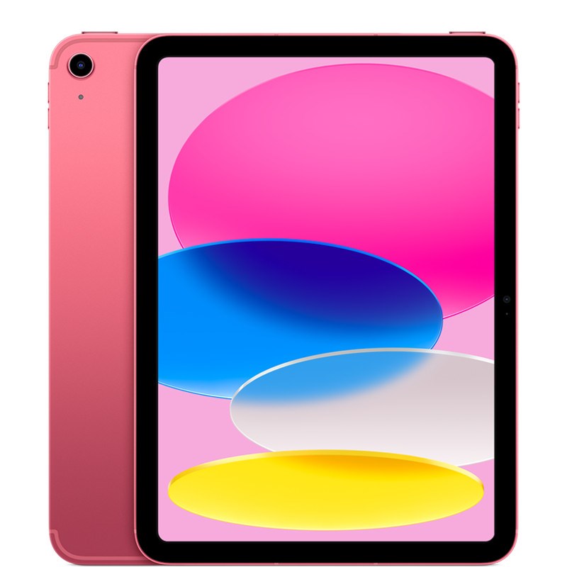 The Apple 11-inch iPad Wi‑Fi + Cellular 512GB (11th Gen) in pink features a black bezel and displays an abstract design with pink, blue, white, and yellow ovals. Powered by the A16 chip for smooth performance.
