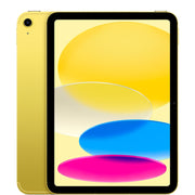 The Apple 11-inch iPad Wi-Fi + Cellular 512GB (11th Gen) in yellow features an 11" Liquid Retina display with a black bezel, abstract oval wallpaper, and has a single rear camera on the back.