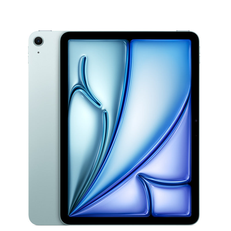 The Apple iPad Air M4 (11-inch & 13-inch) by Apple, in silver, features a Liquid Retina display with an abstract blue and silver design. The screen faces forward with the back partly visible behind it.