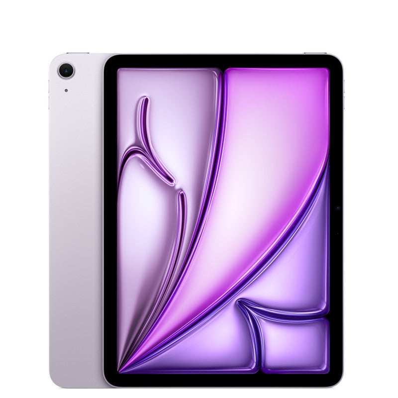 An Apple iPad Air M4 (11-inch) in silver displays an abstract pink and purple swirl on its Liquid Retina screen, shown front-facing with the back edge slightly visible.