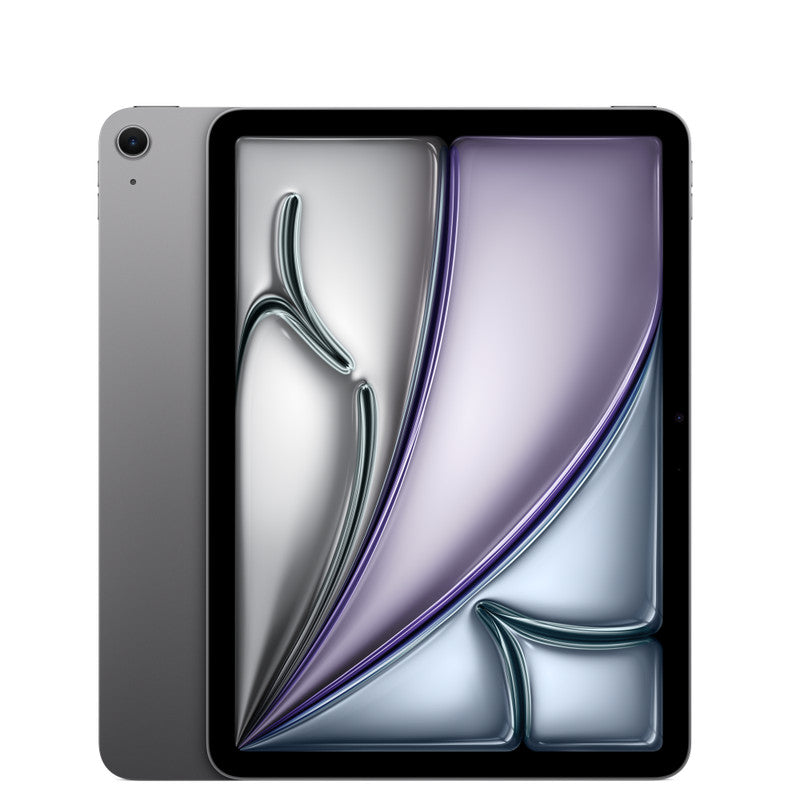 The Apple iPad Air M4 (11-inch & 13-inch) showcases a sleek silver design, a large Liquid Retina display with metallic and purple abstract wallpaper, advanced M4 chip, and a rear camera on the top left.